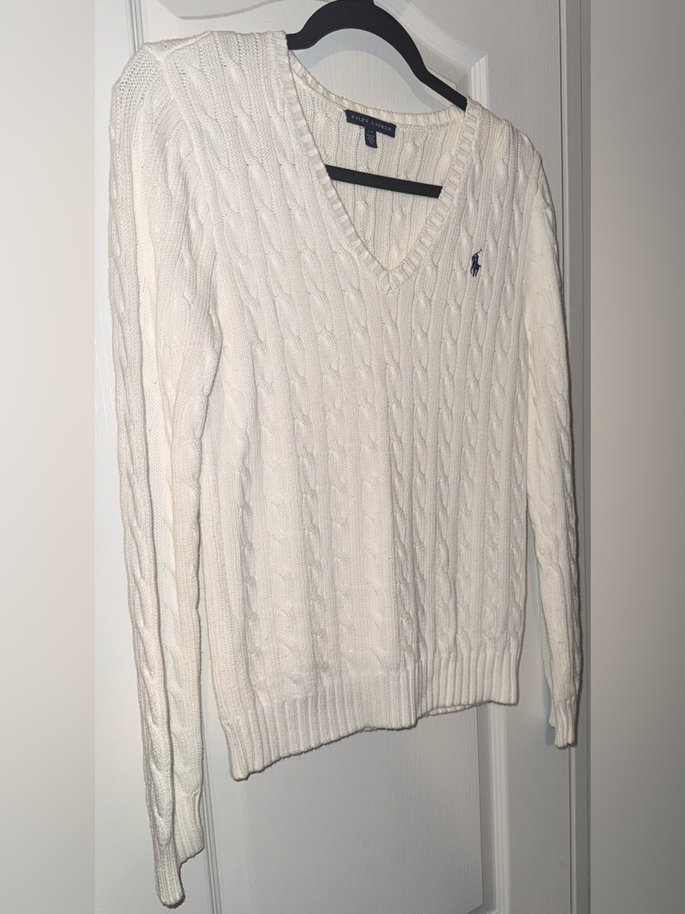 Ralph Lauren Cable-Knit V-Neck Sweater Cream Ivory Navy Pony L